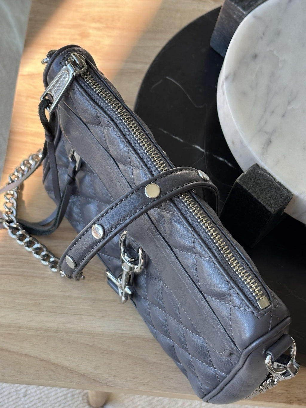 REBECCA MINKOFF Mini MAC Gray Quilted Leather Zip Crossbody Bag Chain (org $430)
