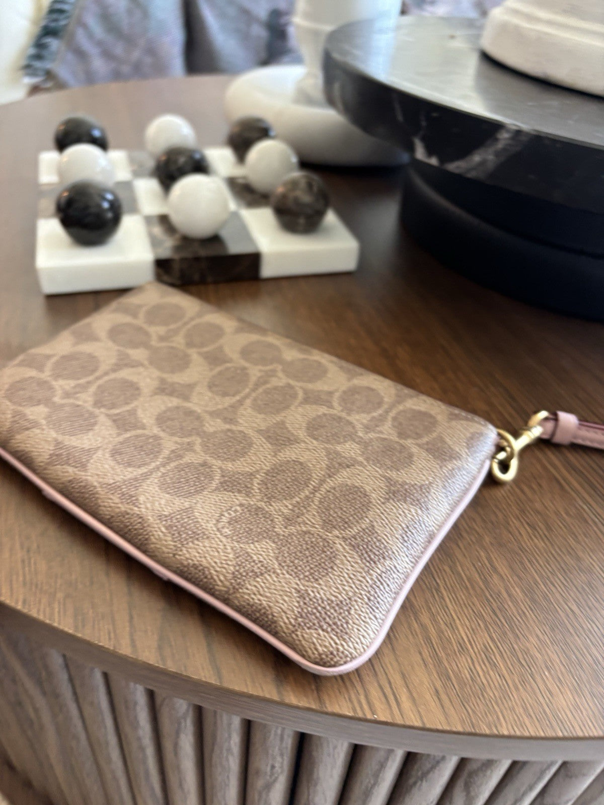 Designer COACH Zip Wristlet Signature Khaki/Tan Canvas Blush Pink Leather Stripe