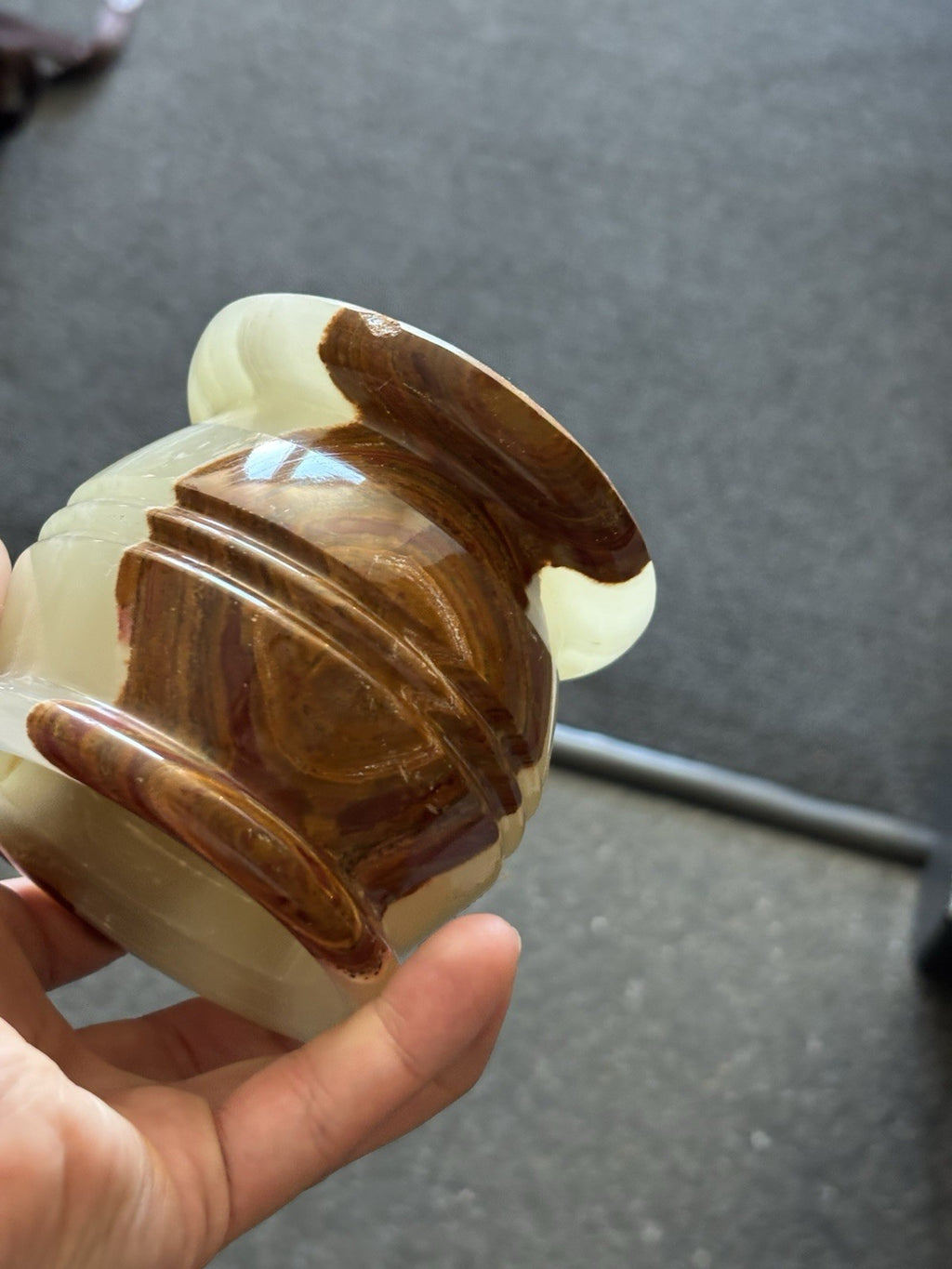 VINTAGE Banded Onyx Stone Candle Holder Green Brown White Natural Marble 3.5 in