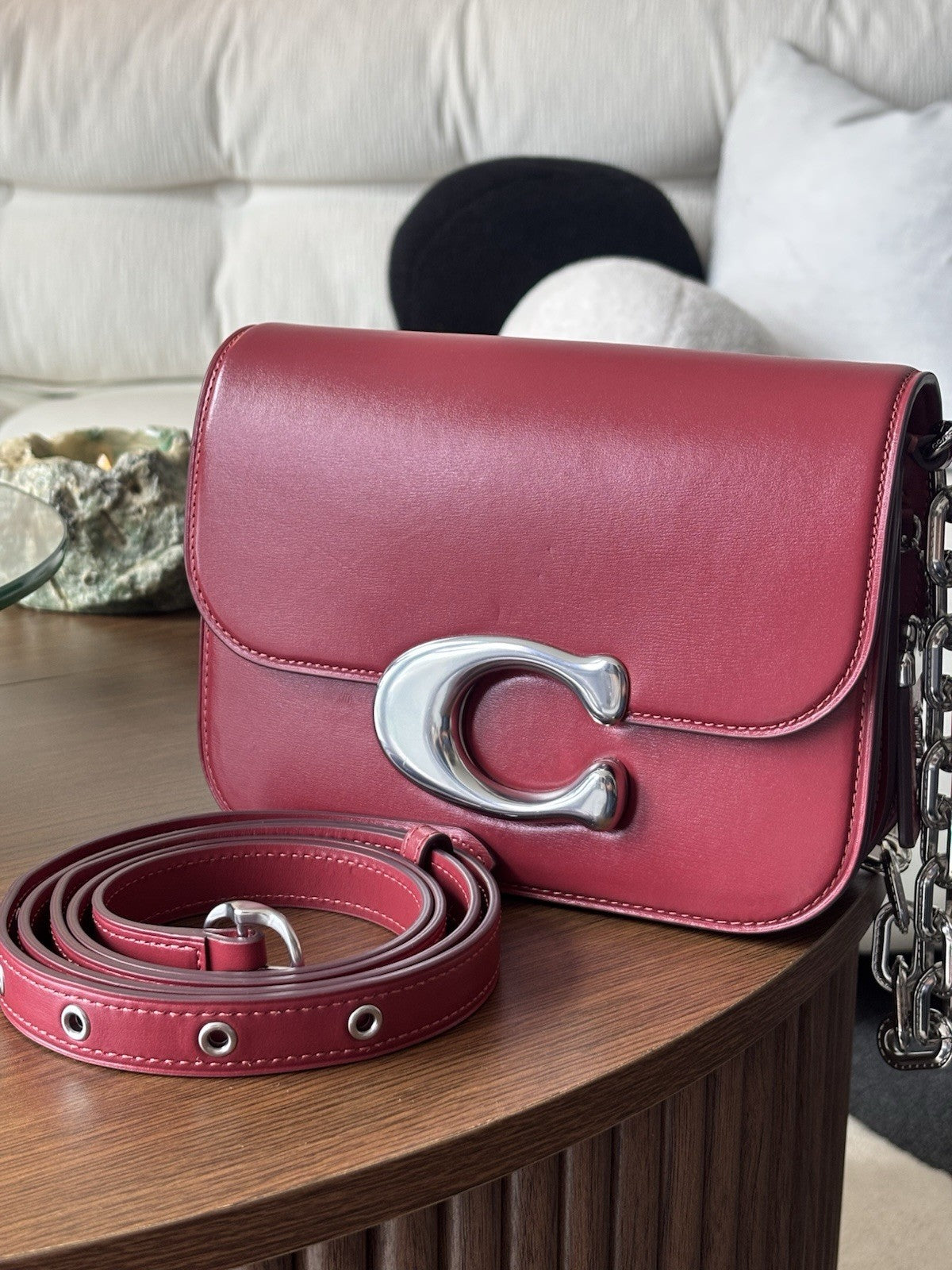 COACH Idol Red Leather Logo Plaque Chain Shoulder Bag Crossbody Strap (org $695)