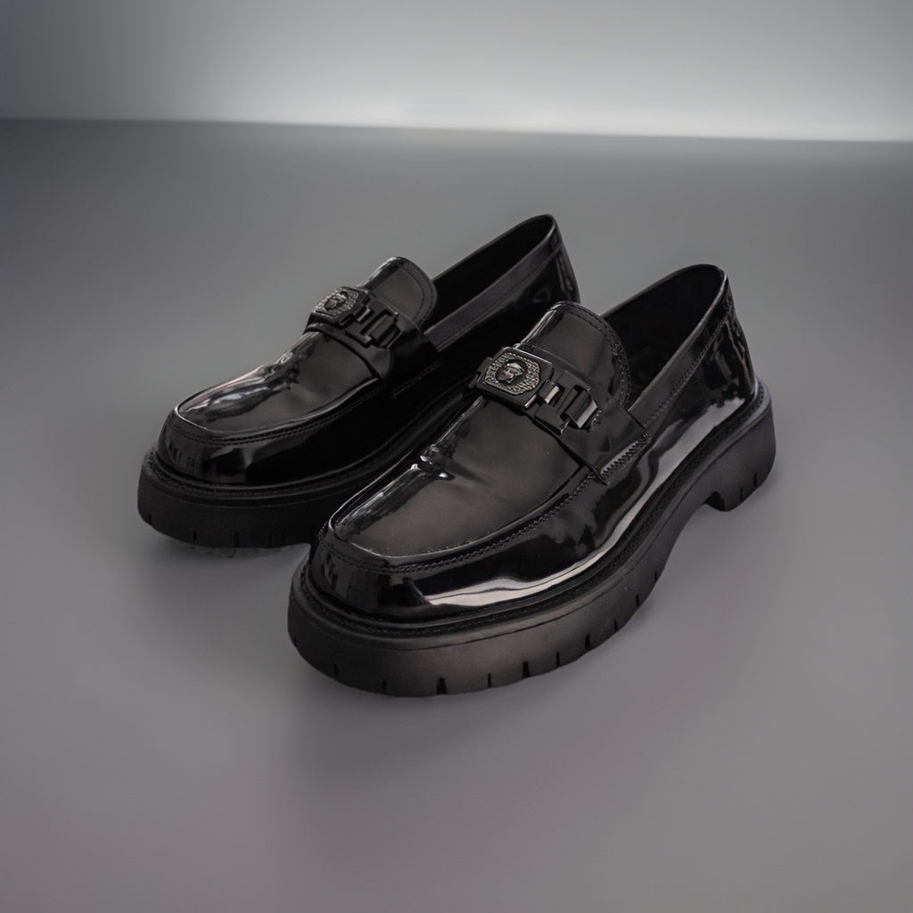 MEDUSA LOGO New Designer Black Patent Finish Dress Shoe Men Size 10.5 (org $685)
