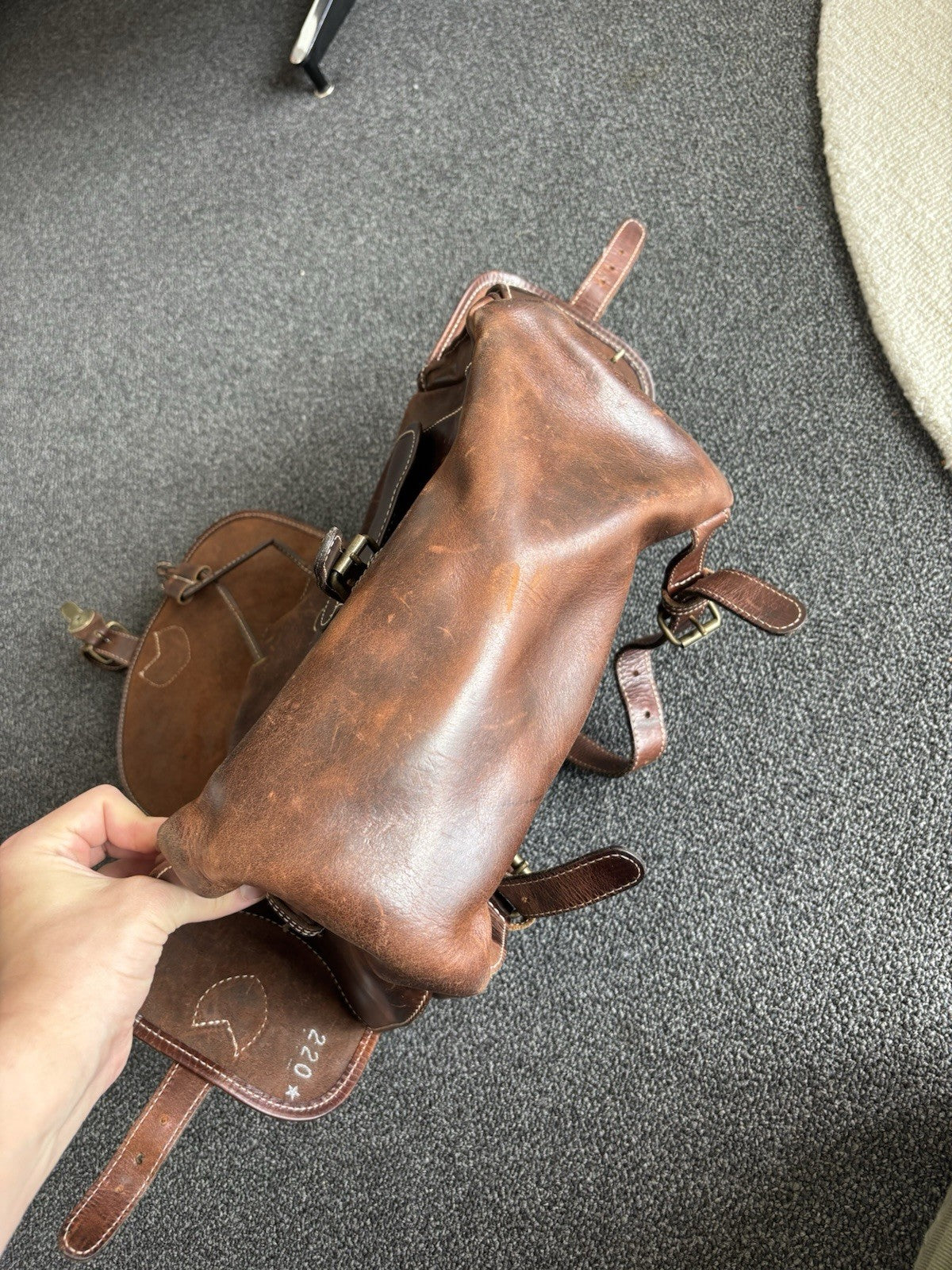 VINTAGE Classic Real Cow Hide Leather Backpack Daypack Brass Hardware Buckles