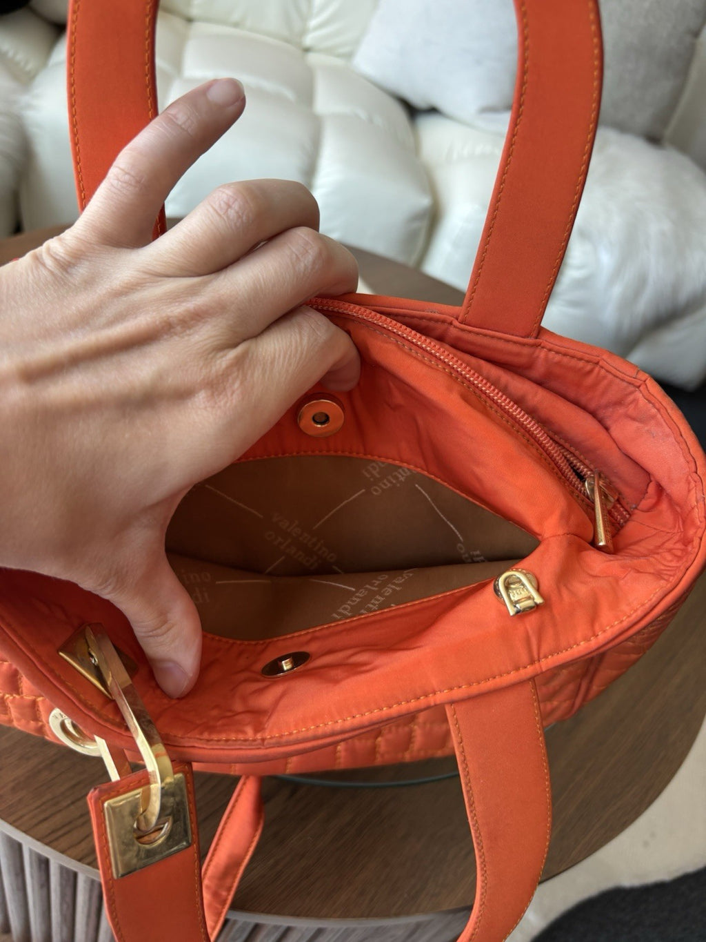 VALENTINO “Orlandi” Orange Quilted Nylon Handbag Gold Charm Italy (org $595.00)