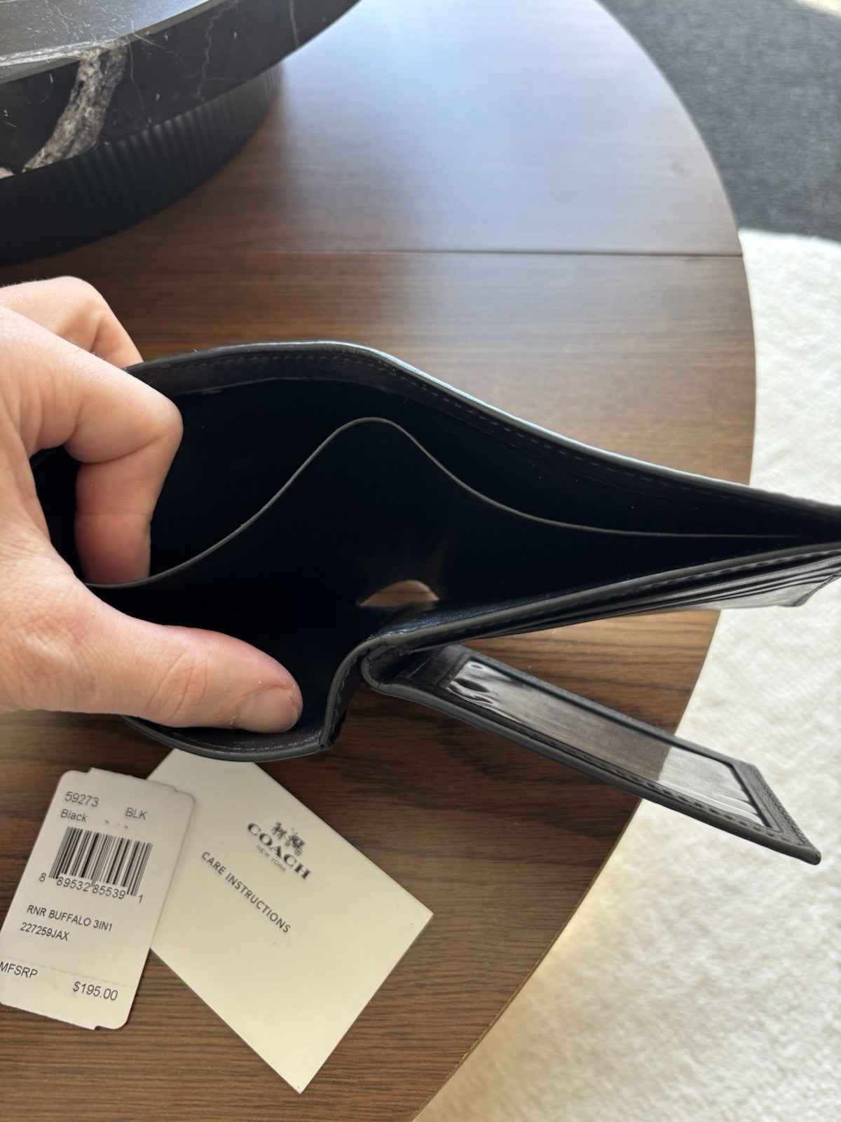 COACH Wallet Baseball 3 In 1 Whipstitch Black Calf Leather Billfold ID Window