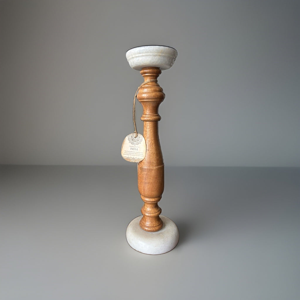 DECO 79 Mango Wood Candle Holder White Marble Base Turned Pillar 15” Candlestick