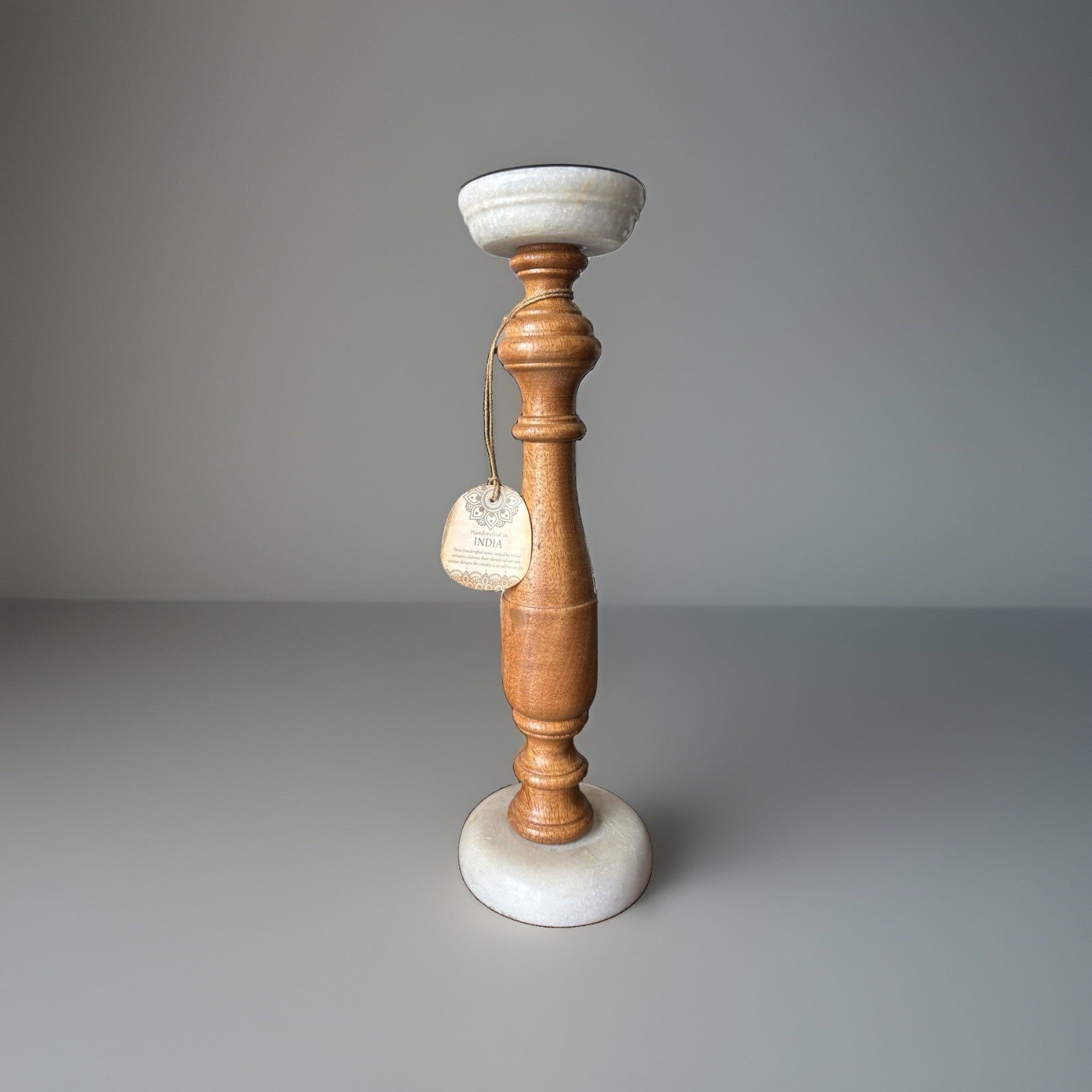 DECO 79 Mango Wood Candle Holder White Marble Base Turned Pillar 15” Candlestick