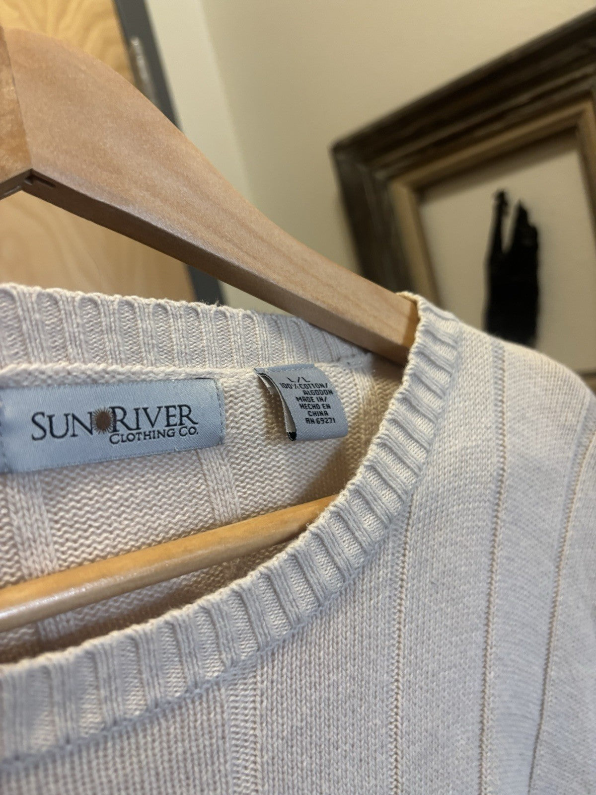 SUN RIVER CO Vintage 1990 Sweater Pullover Beige/Tan Crew Neck 100% Cotton Men L