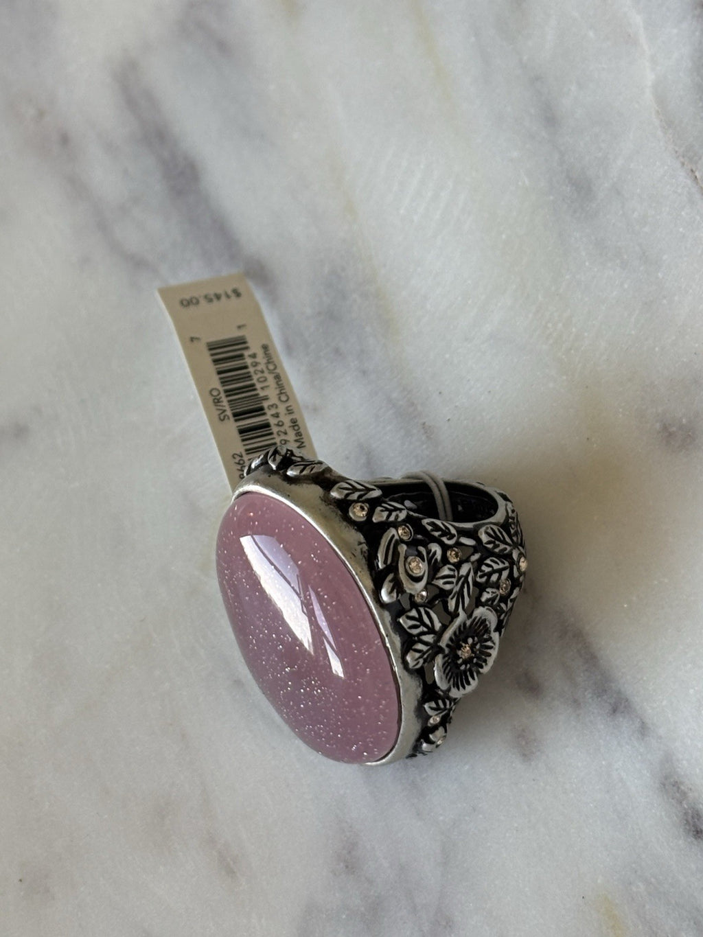 COACH Tea Rose Cabochon Swarovski Crystal Pink/Silver Statement Ring 7(org $145)