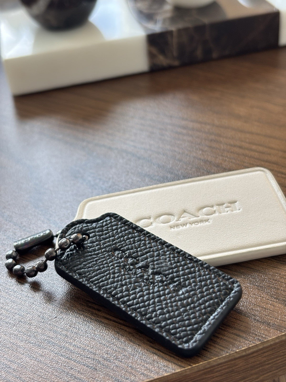 COACH Designer (two) 2 Hanging Bag Charm Fob Chalk White/ Black Leather Gunmetal