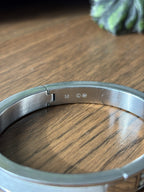 SWAROVSKI “Intervalle” Signed Crystal Leather Bangle Thin Silver Hinged Bracelet