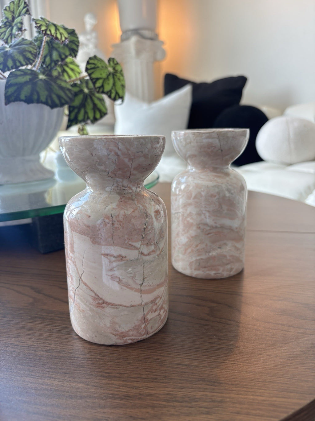 ITALIAN Pink/White Marble Candlestick Holders (2) Pair Japanese Style Made Italy
