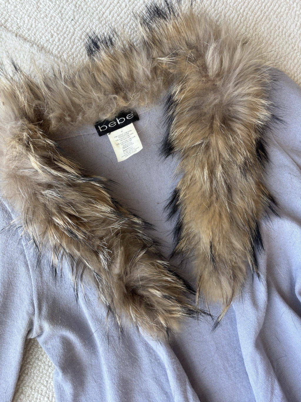 BEBE Y2K Luxury Italy Collection Cardigan Real Fox Fur Collar Blue M (org $660)