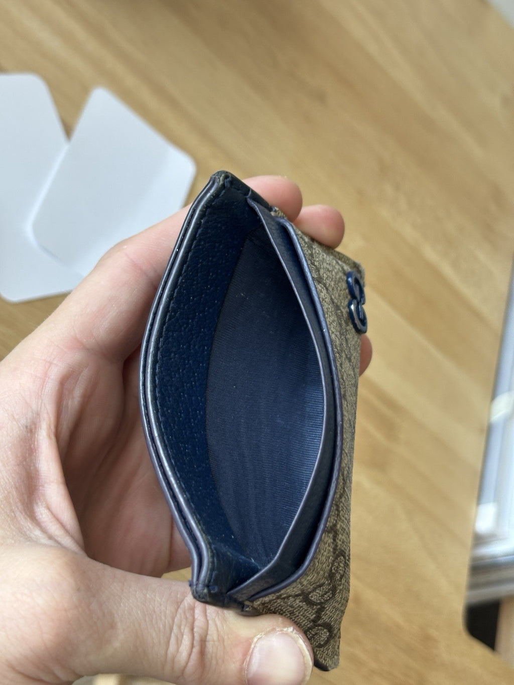 GUCCI Supreme GG Card Holder Beige Ebony Canvas Blue Leather 768248 (org $285)