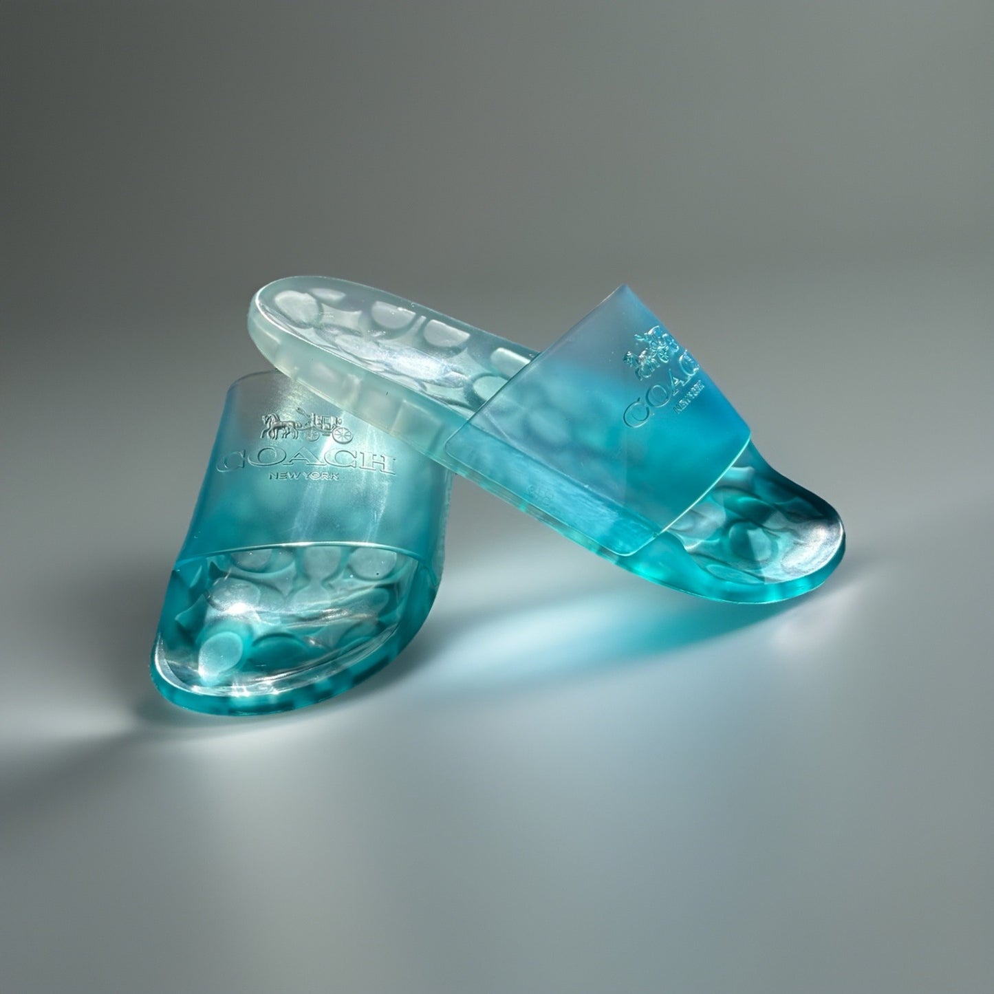 Designer COACH Ulyssa Clear Blue Rubber Jelly Slide Sandal Women Sz 7 (org $125)