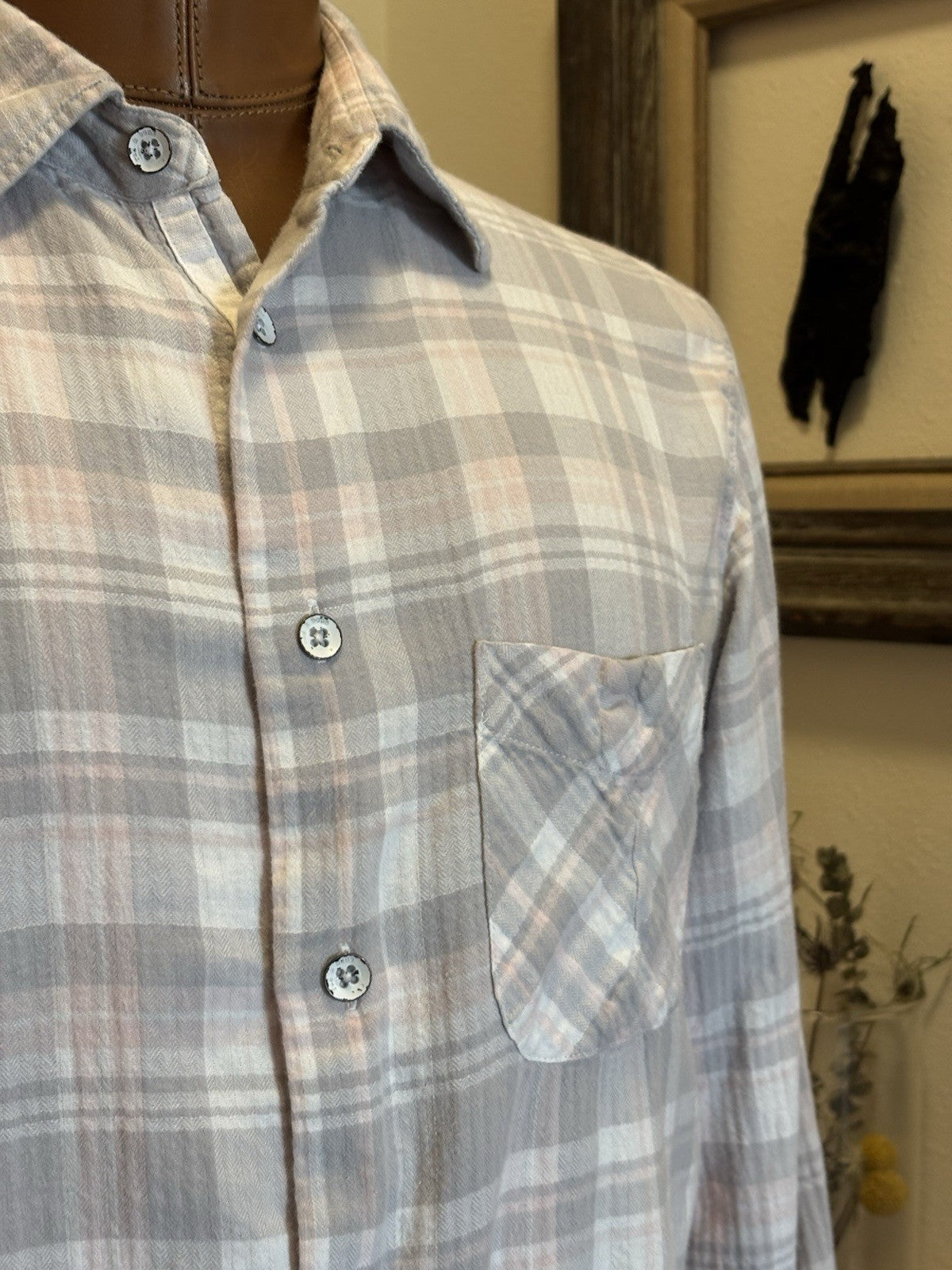 RAG & BONE New York Plaid Button-Down Shirt Pocket Gray Pink/White Cotton Small
