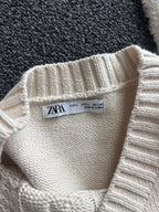 ZARA Cable Knit Crew Sweater Contrasting Cream Black Distressed Size L (org $70)