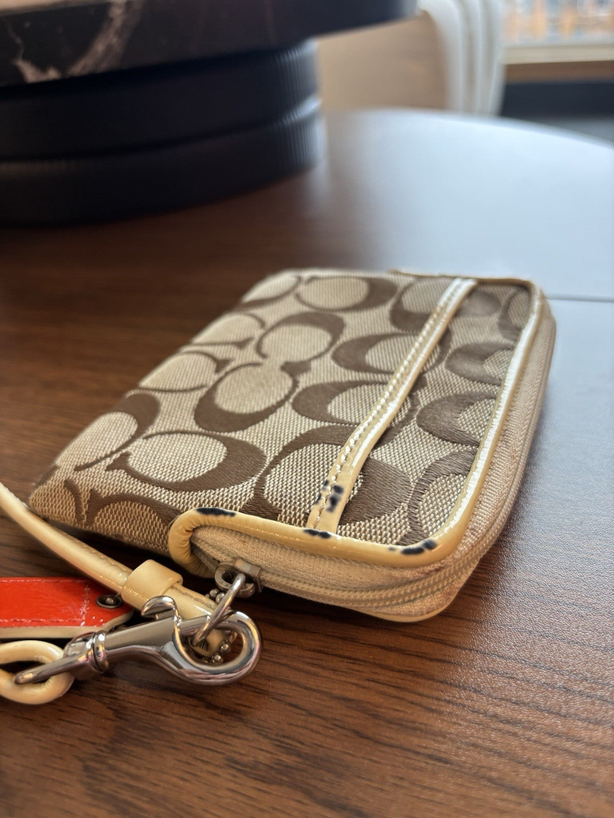 Vintage COACH Signature C Print & Leather Trim Zip Top Wristlet w/ Card Slots