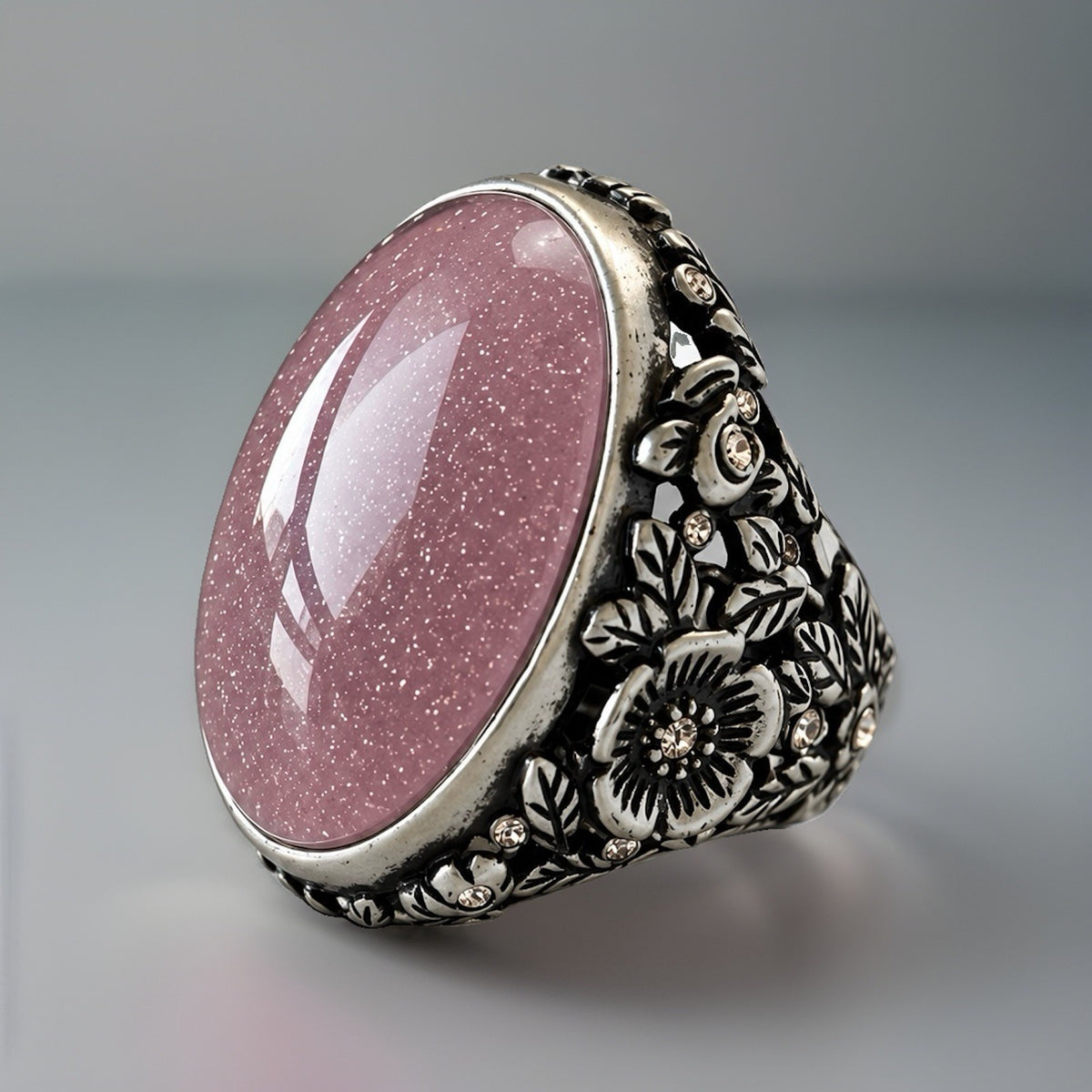 COACH Tea Rose Cabochon Swarovski Crystal Pink/Silver Statement Ring 7(org $145)