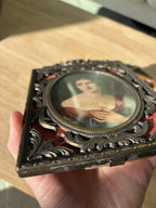 1951 VINTAGE Italian Portrait Frames Set of 2 Brass Filigree & Red Velvet 5x8”