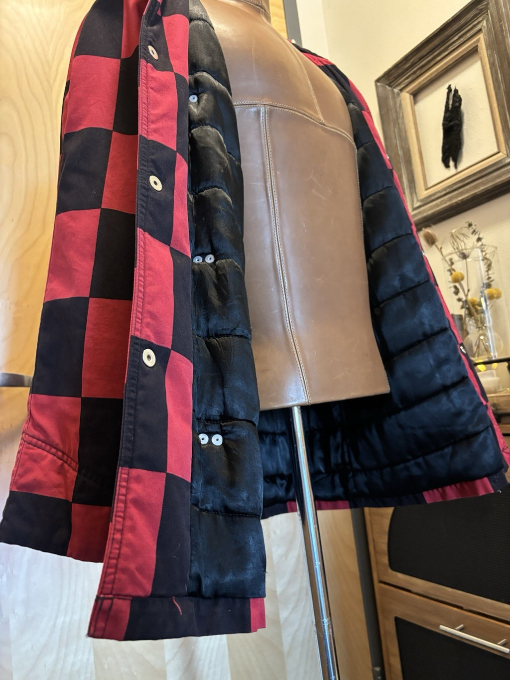 ESPRIT 1990’s Vintage Red/Black Checkered Toggle Coat Jacket 100% Cotton Medium