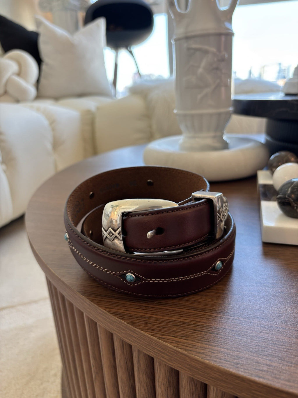 Genuine Turquoise BRIGHTON Cody Taper Brown Leather Belt Size 30/32 Silver Plate