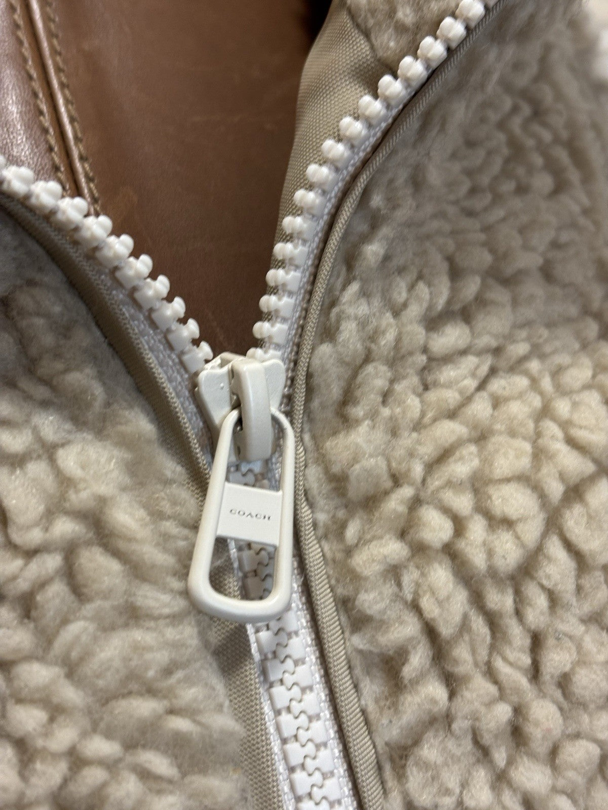 New COACH Runway Sherpa Fur Coat Jacket Zip Signature Print Cream Size L ($695)