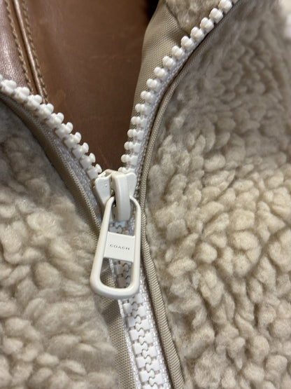 New COACH Runway Sherpa Fur Coat Jacket Zip Signature Print Cream Size L ($695)