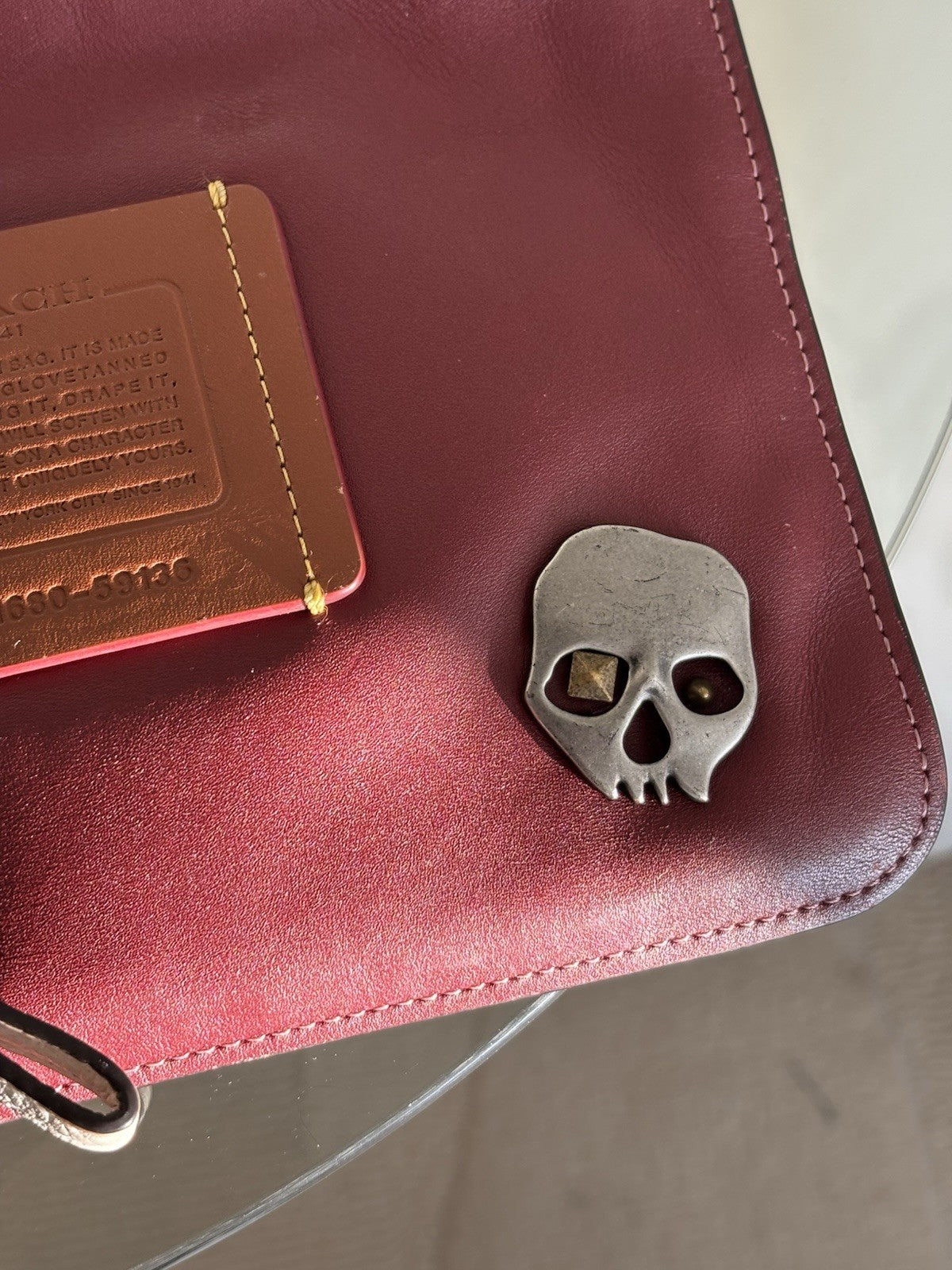 Custom COACH Create Skull Pins On Rogue Wristlet Burgundy Leather Medium Zip Top