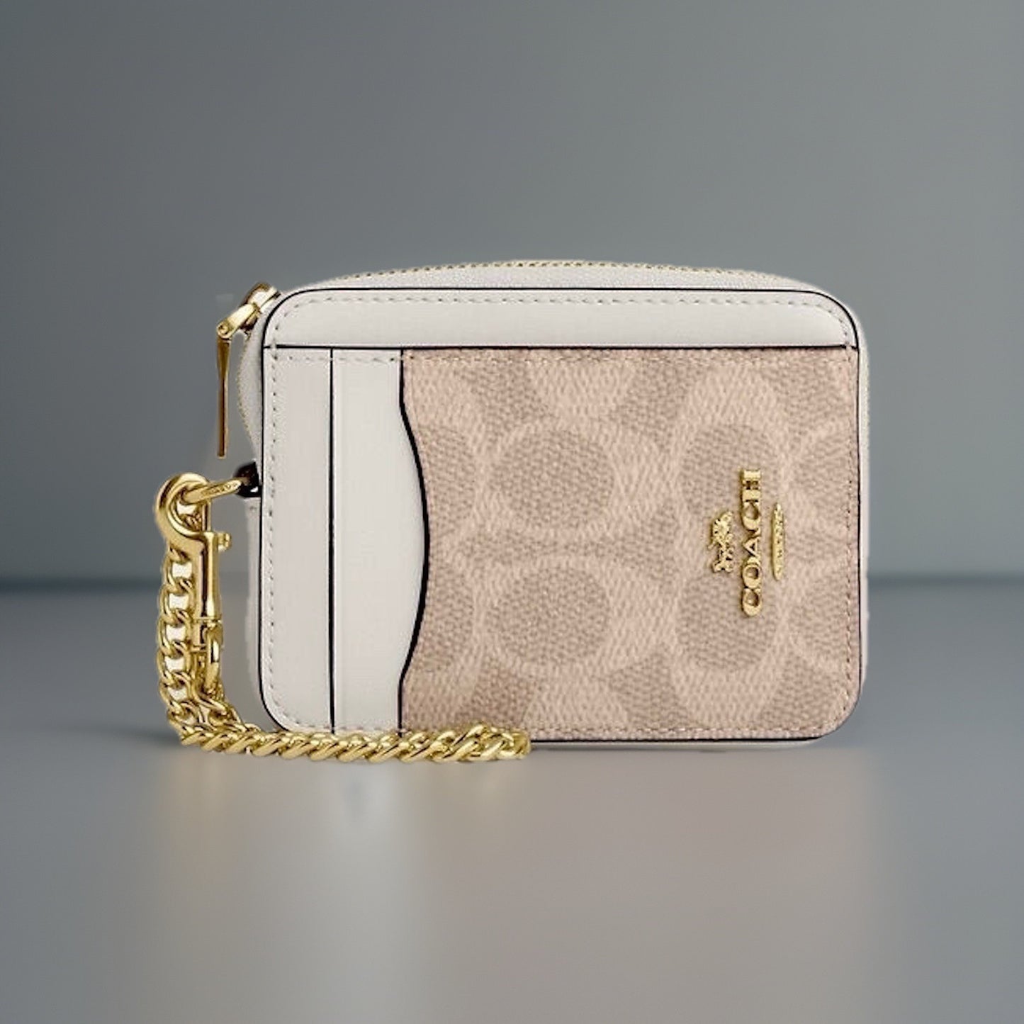 COACH Designer Wallet Zip Card Case Sand/Taupe Tan Leather Canvas NWT (org $118)