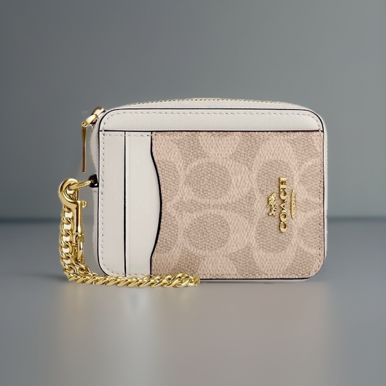 COACH Designer Wallet Zip Card Case Sand/Taupe Tan Leather Canvas NWT (org $118)