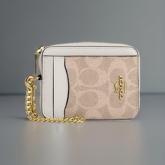 COACH Designer Wallet Zip Card Case Sand/Taupe Tan Leather Canvas NWT (org $118)