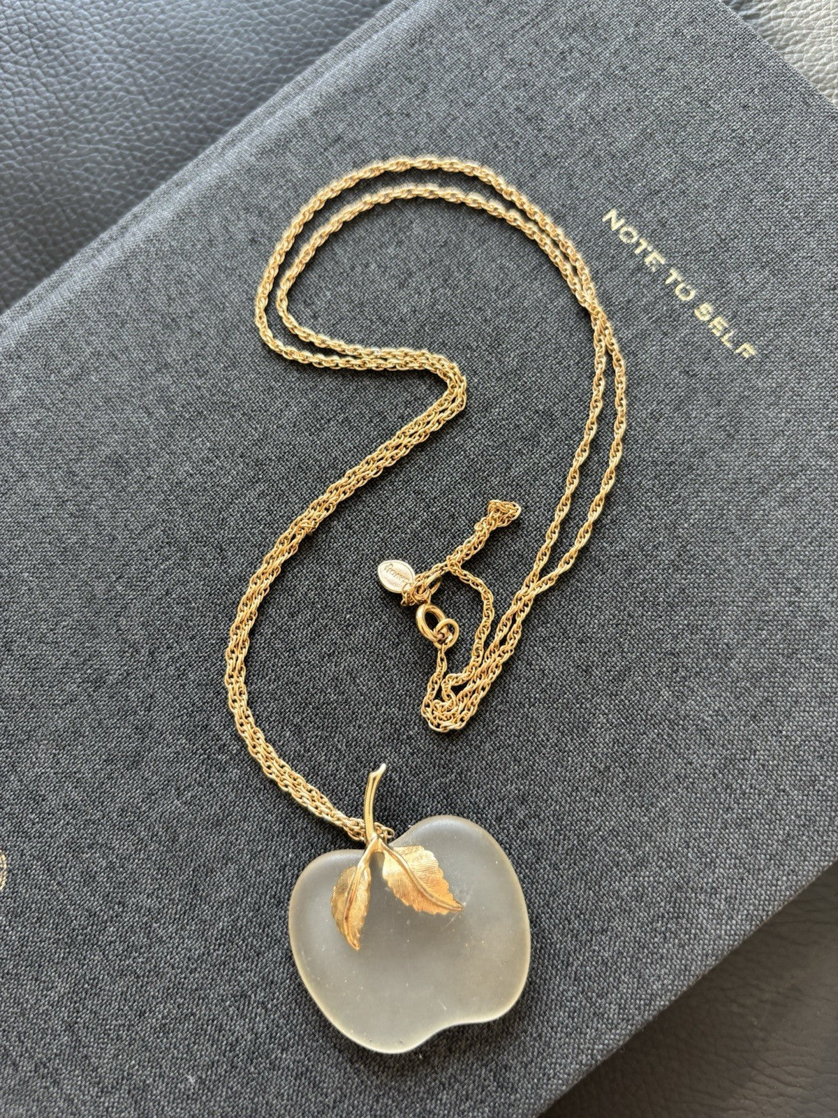 AVON Vintage Necklace Apple Frosted Clear Quartz Pendant Gold Long Chain 28 inch
