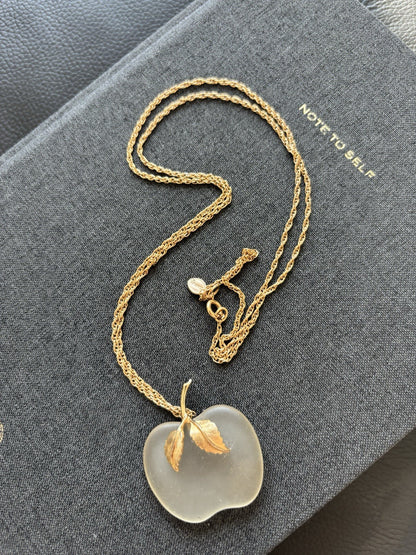 AVON Vintage Necklace Apple Frosted Clear Quartz Pendant Gold Long Chain 28 inch