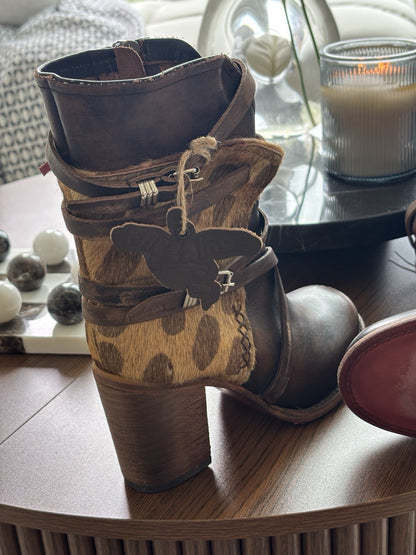 NEW Freebird STEVEN BAKER Zip Boots Brown Leopard Print Pony Hair Belted Women 8