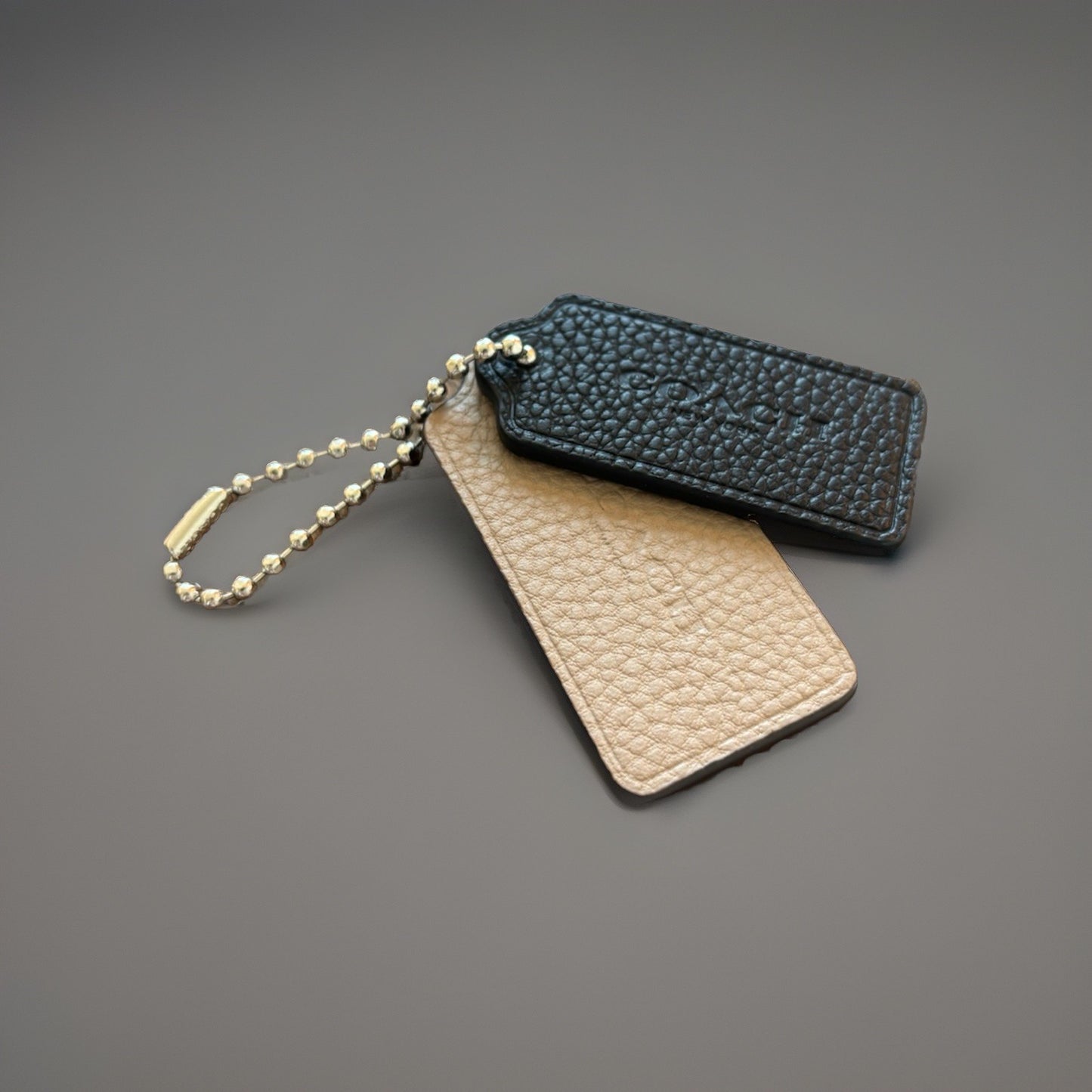 COACH Designer Leather 2 Hanging Bag Charm Fob Black/ Tan Tag Silver Bead Chain