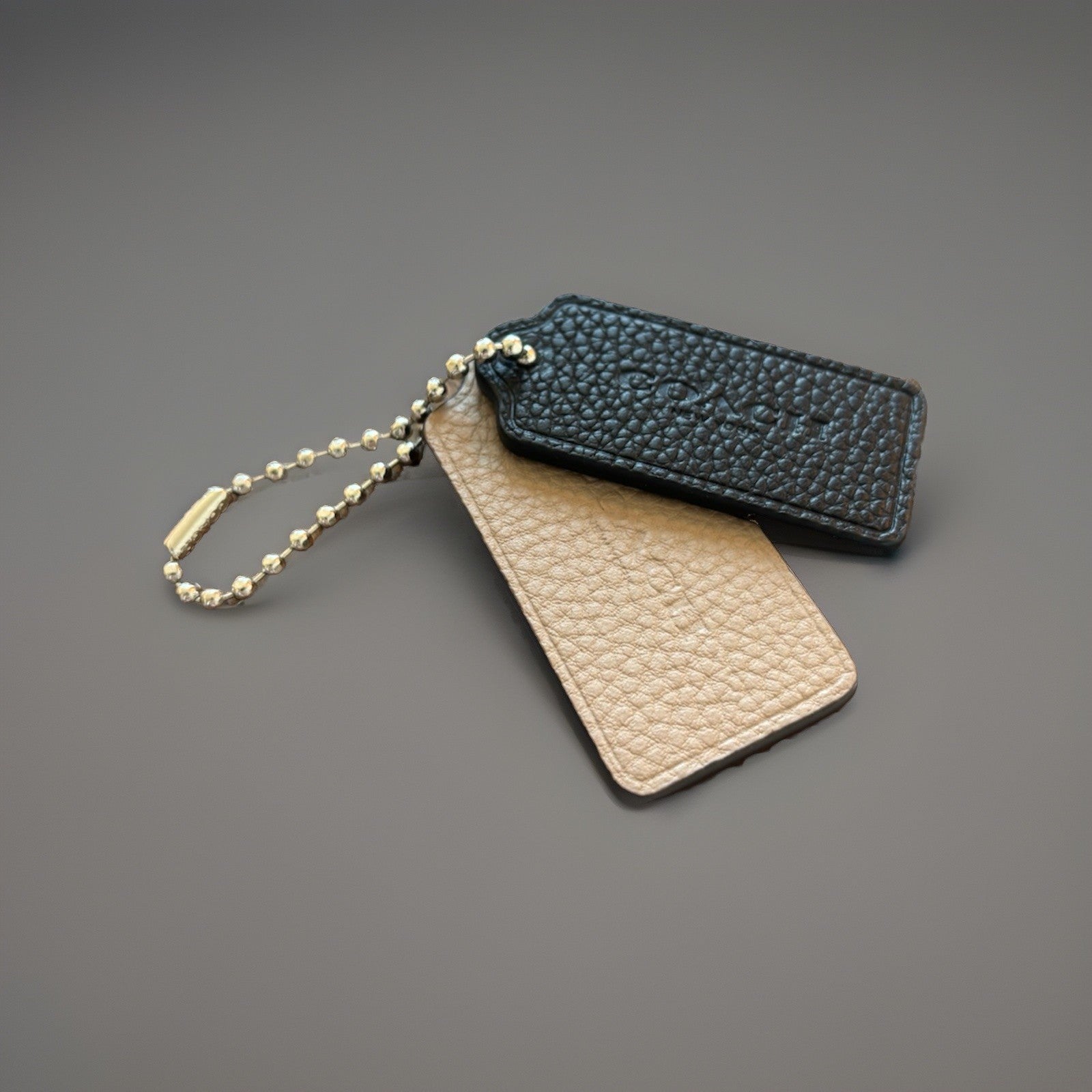 COACH Designer Leather 2 Hanging Bag Charm Fob Black/ Tan Tag Silver Bead Chain