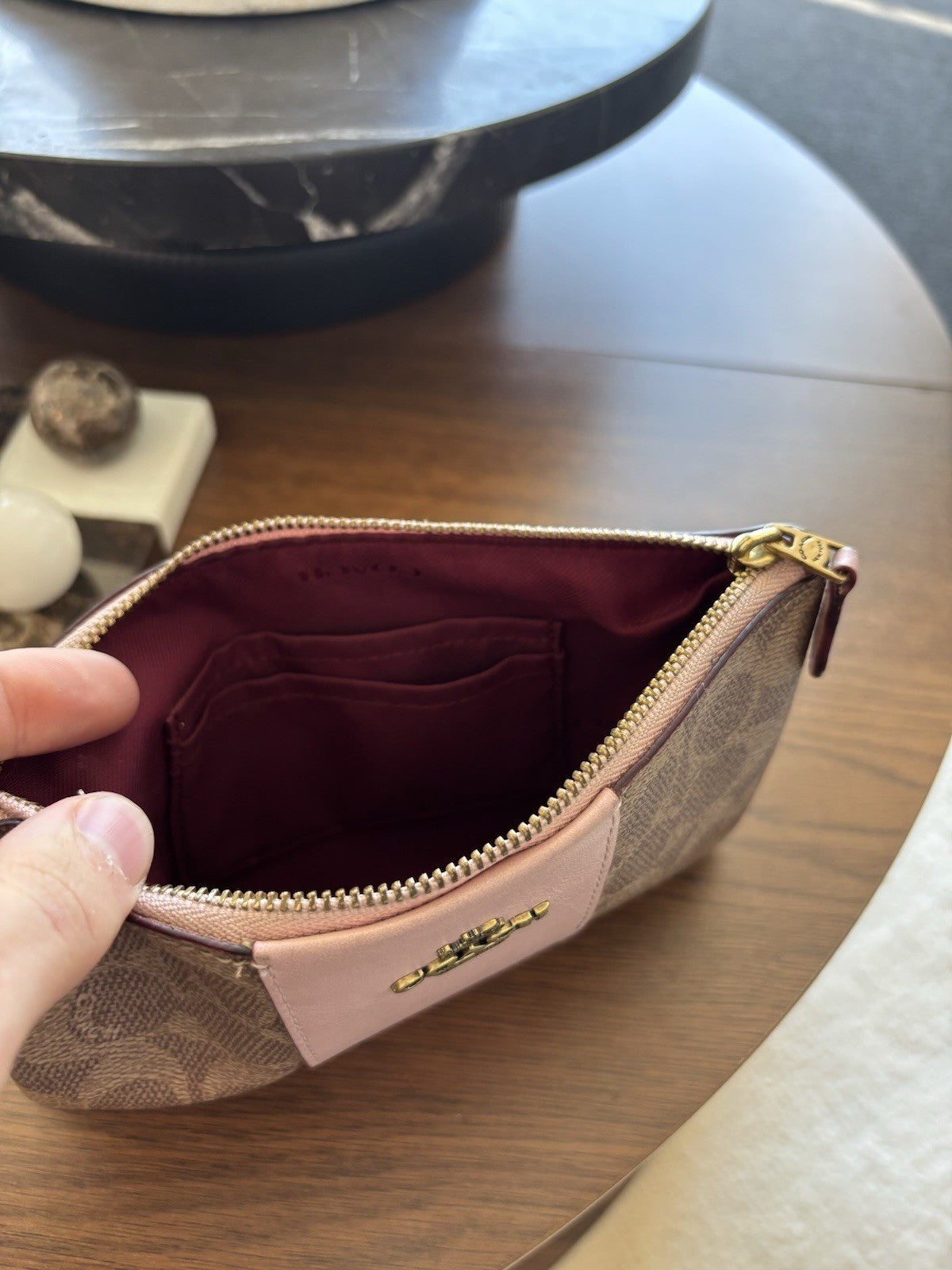 Designer COACH Zip Wristlet Signature Khaki/Tan Canvas Blush Pink Leather Stripe