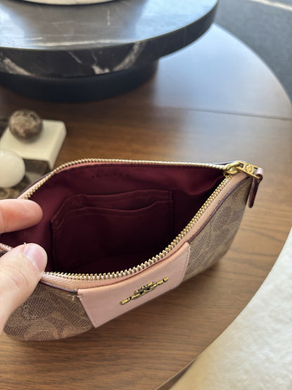 Designer COACH Zip Wristlet Signature Khaki/Tan Canvas Blush Pink Leather Stripe