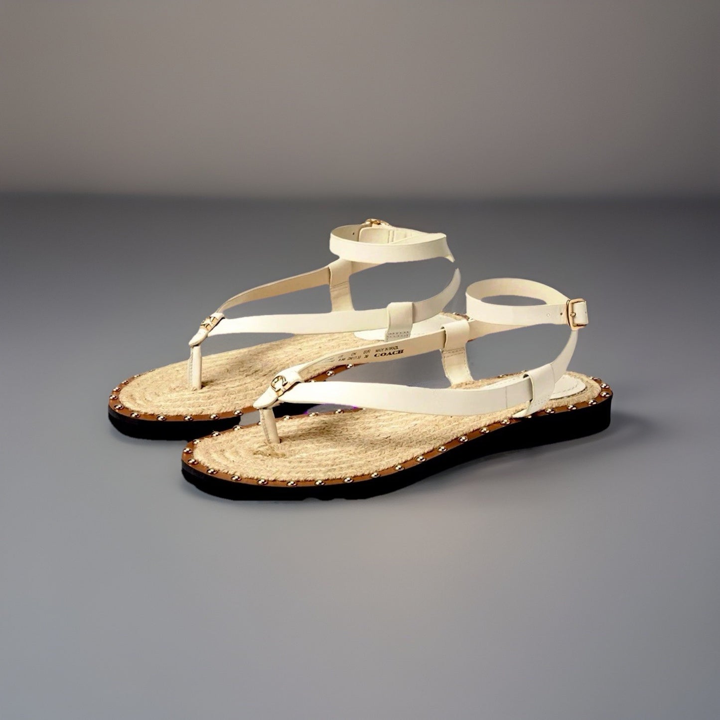 NEW Designer COACH Gracey Leather Studs Sandals w/ Jute Rope Size 7.5 (org $225)