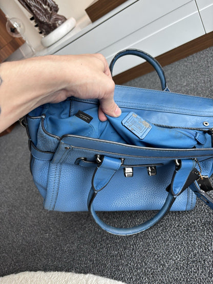COACH Swagger 27 Pebble Leather Satchel Bag Electric Blue Top Handles (org $395)