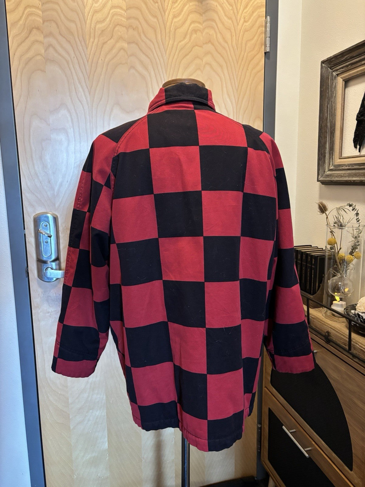 ESPRIT 1990’s Vintage Red/Black Checkered Toggle Coat Jacket 100% Cotton Medium