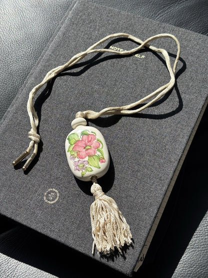 Vtg AVON Hand Painted Floral Ceramic Pendant Necklace W/Tassel & Silk Cord 1980