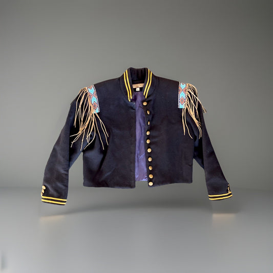 Double D Ranch VINTAGE Wool Jacket Military Beaded NavyBlue Varsity Stripe Small