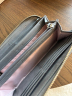 COACH Metallic Leather Stripe/Medallion Zip Around Wallet Charcoal Gray Silver