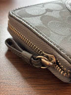 COACH Metallic Leather Stripe/Medallion Zip Around Wallet Charcoal Gray Silver