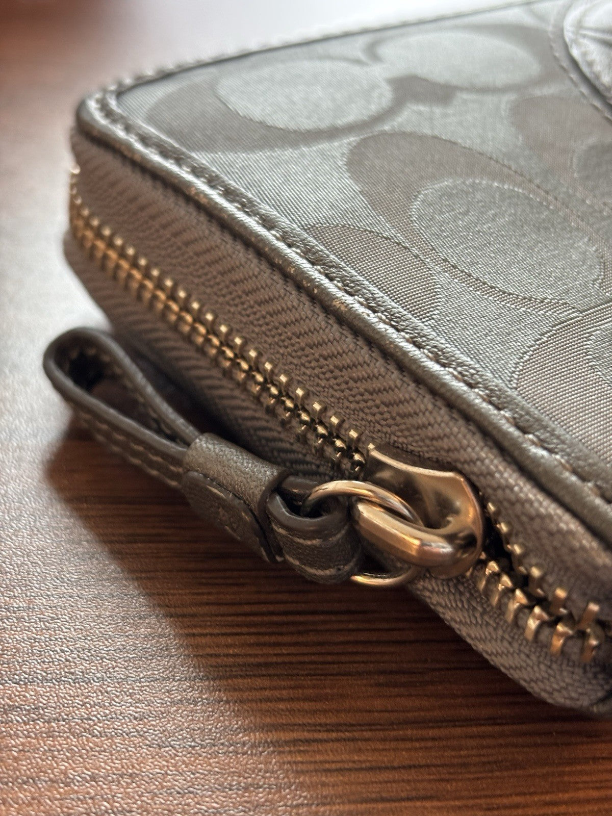 COACH Metallic Leather Stripe/Medallion Zip Around Wallet Charcoal Gray Silver