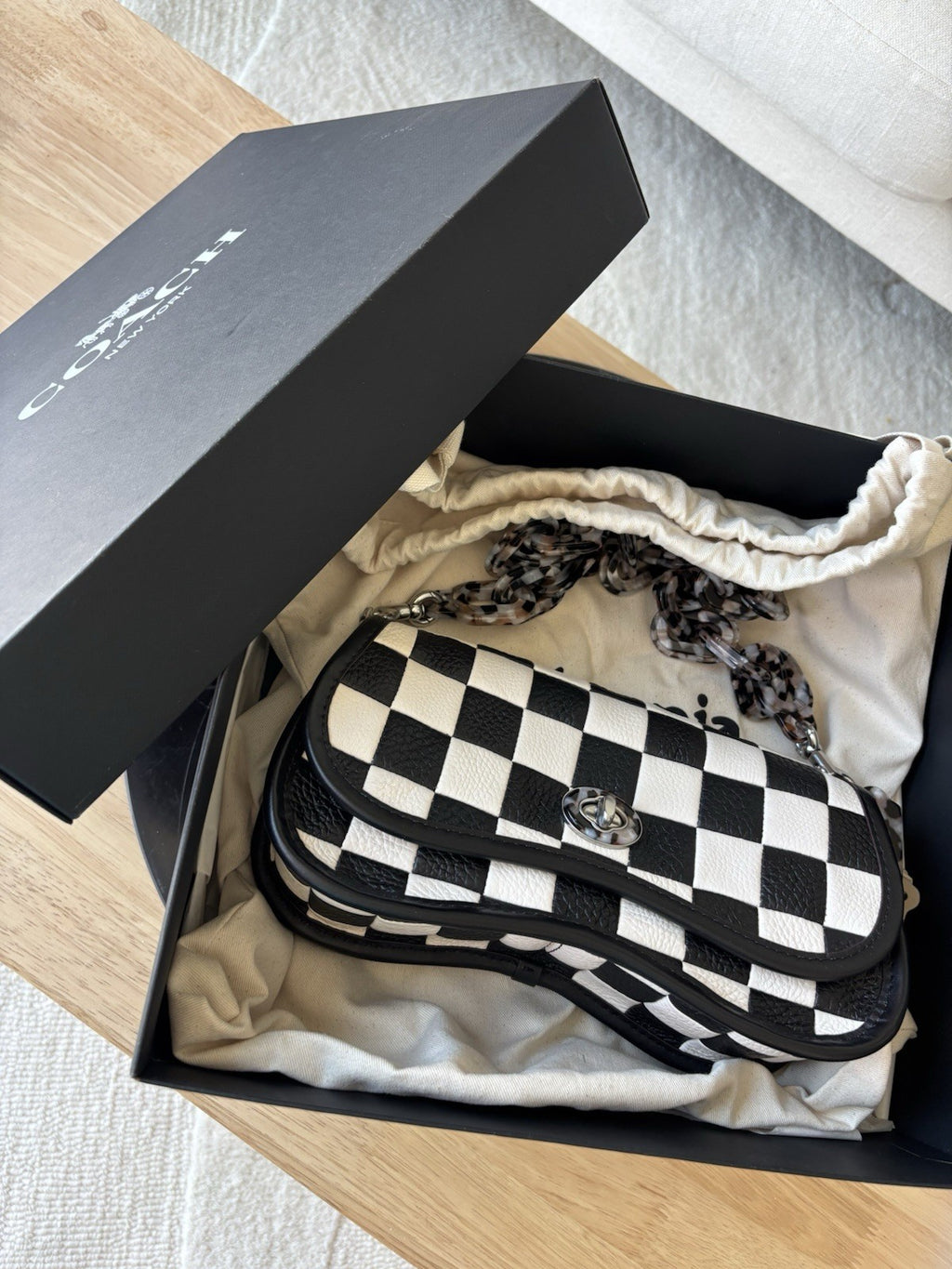 COACH Coachtopia Wavy Dinky Crossbody Bag Black/white Checkerboard Check Leather