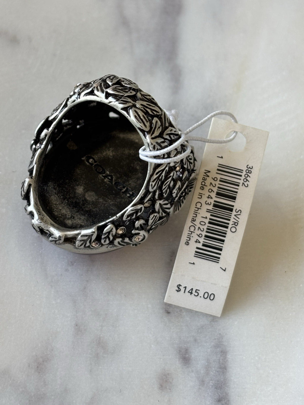 COACH Tea Rose Cabochon Swarovski Crystal Pink/Silver Statement Ring 7(org $145)