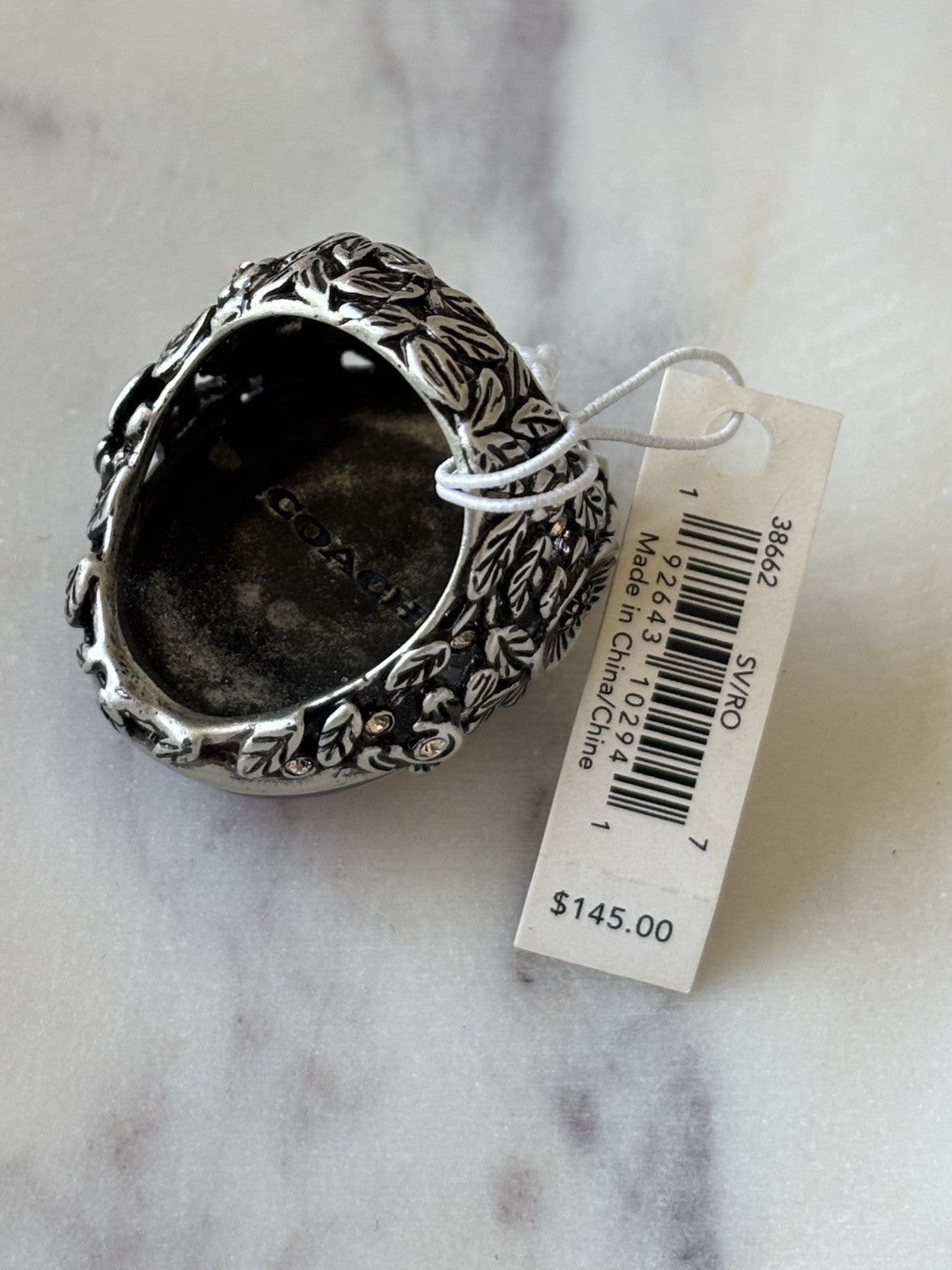 COACH Tea Rose Cabochon Swarovski Crystal Pink/Silver Statement Ring 7(org $145)