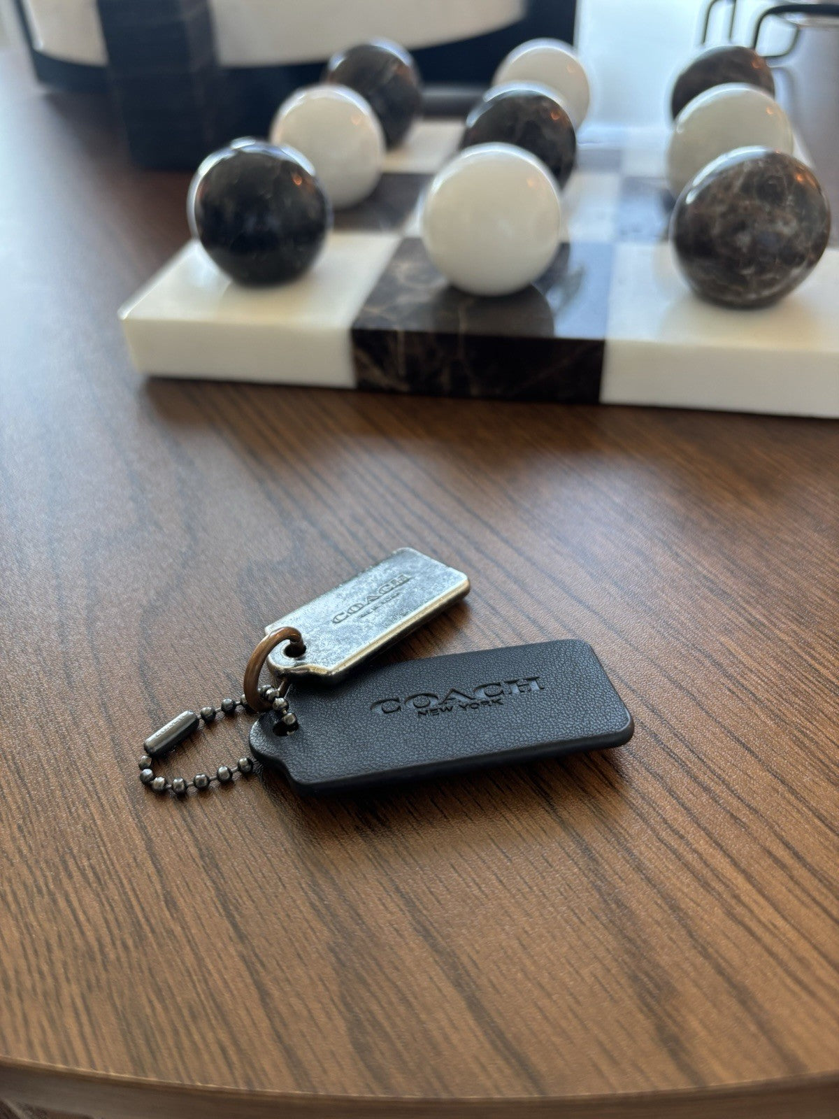 COACH Designer (2) Hanging Bag Charm Fob Black Leather /Gunmetal Tag /Bead Chain